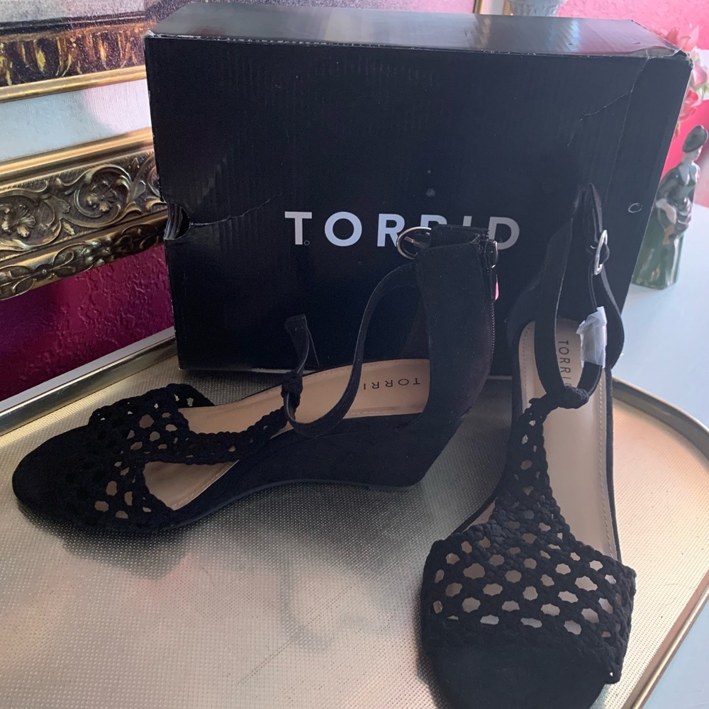 TORRID Black Suede Cutout Ankle Strap Wedges
